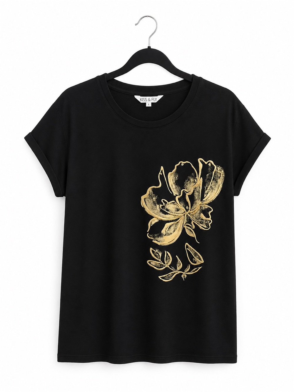 Kiss & Fly Black Short-Sleeve Tee with Gold Floral Motif, Rhinestones